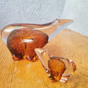 Alaska Glass Bear & Cub hand blown amber and clear figurines signed Vintage